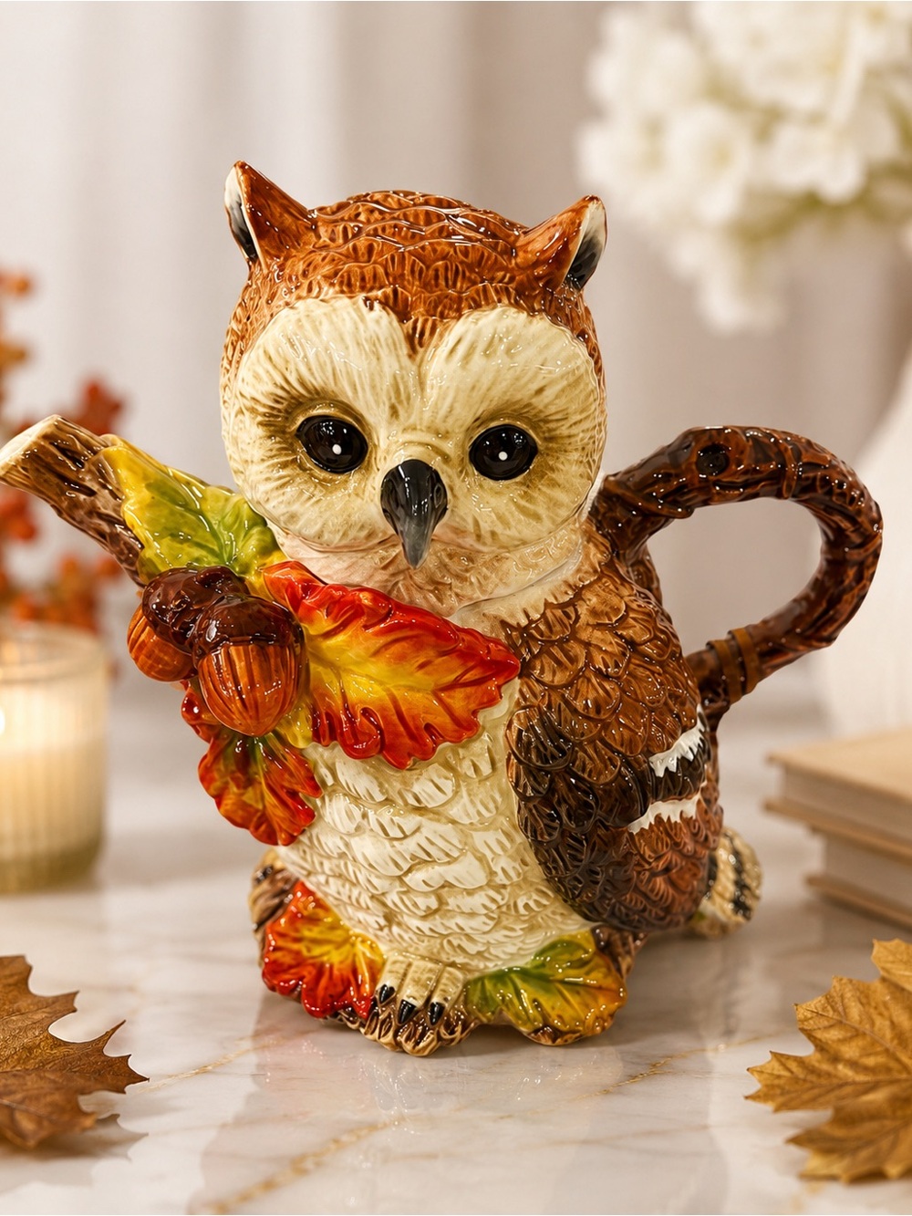 Ceramic Owl teapot  with Autumn Leaf Accents - Brown & Cream